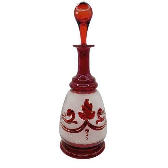 Vintage Bohemian Ruby Red Decanter Frosted Glass Painted Gold Gilding 9" Tall - Picture 1 of 12